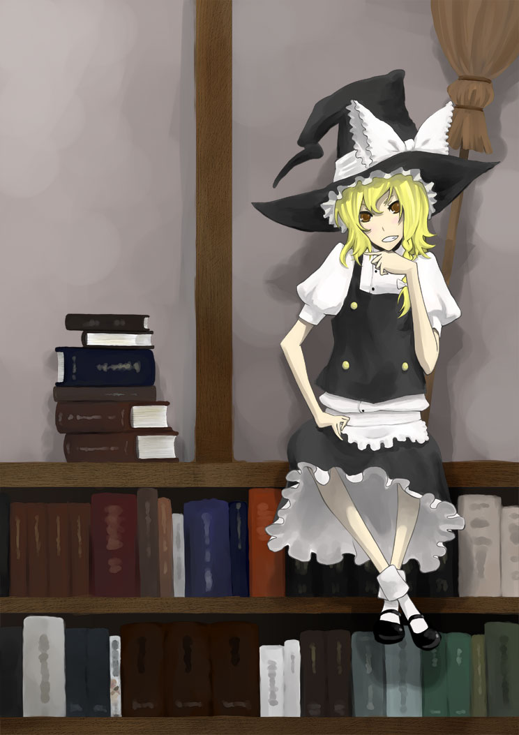 robo8, robo8 (pixiv), kirisame marisa, touhou, bad id, bad pixiv id, 1girl, blonde hair, book, bookshelf, braid, broom, female focus, hat, indoors, skirt, solo, witch, witch hat