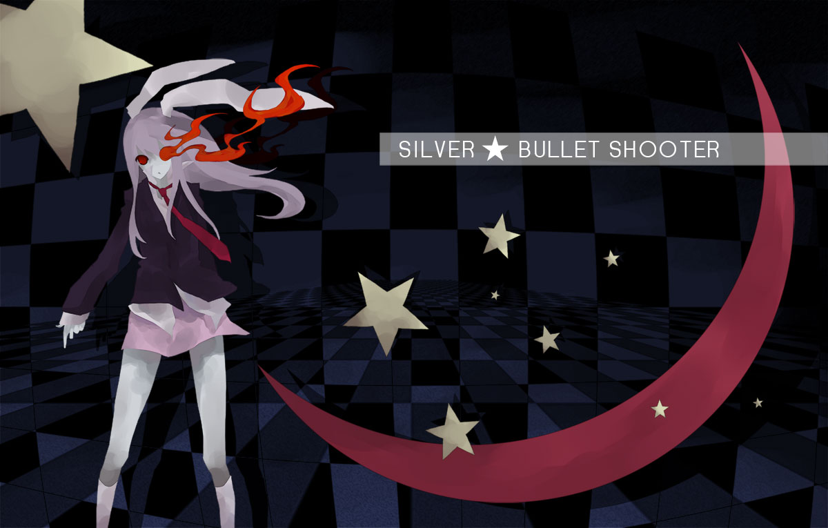 robo8, robo8 (pixiv), reisen udongein inaba, black rock shooter, touhou, 1girl, animal ears, blazer, female focus, finger gun, jacket, long hair, moon, necktie, parody, purple hair, rabbit ears, red eyes, skirt, solo, star (symbol)