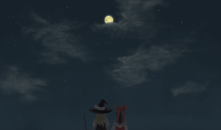 robo8, robo8 (pixiv), hakurei reimu, kirisame marisa, touhou, 2girls, black hair, blonde hair, broom, cloud, dark, female focus, full moon, hat, moon, multiple girls, night, ribbon, witch, witch hat