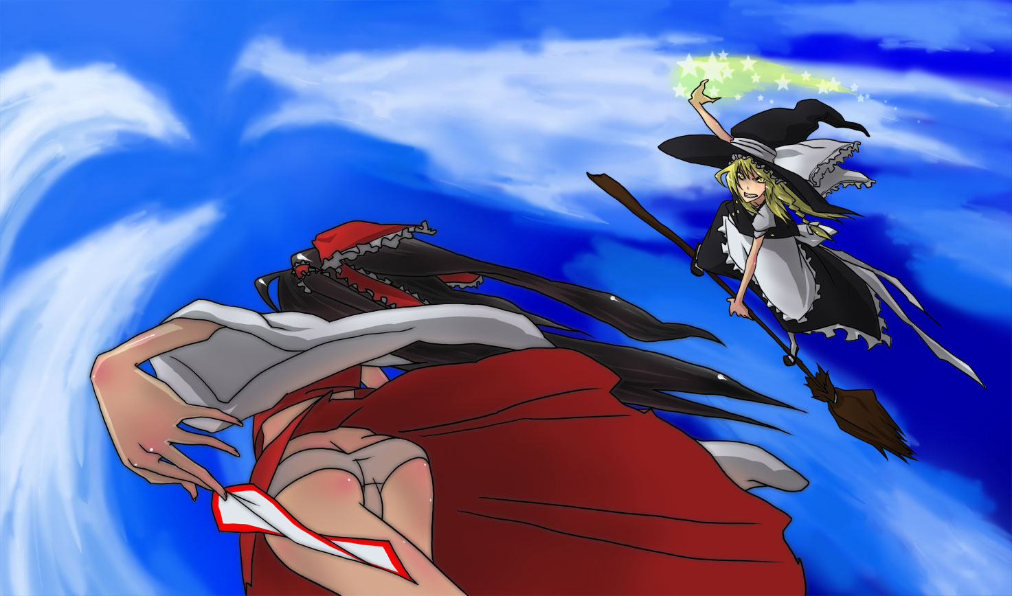 robo8, robo8 (pixiv), hakurei reimu, kirisame marisa, touhou, bad id, bad pixiv id, 2girls, black hair, blonde hair, braid, broom, broom surfing, cloud, female focus, flying, from below, hat, japanese clothes, miko, multiple girls, panties, pantyshot, ribbon, sky, underwear, upskirt, witch hat, yellow eyes