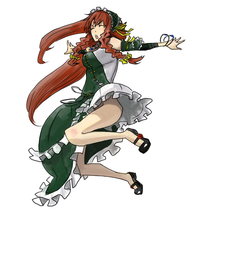 robo8, robo8 (pixiv), hong meiling, touhou, 1girl, bracelet, braid, china dress, chinese clothes, closed eyes, dress, female focus, frills, gothic lolita, hairband, jewelry, jumping, lolita fashion, lolita hairband, long hair, necklace, no panties, qi lolita, red hair, ribbon, solo, twin braids