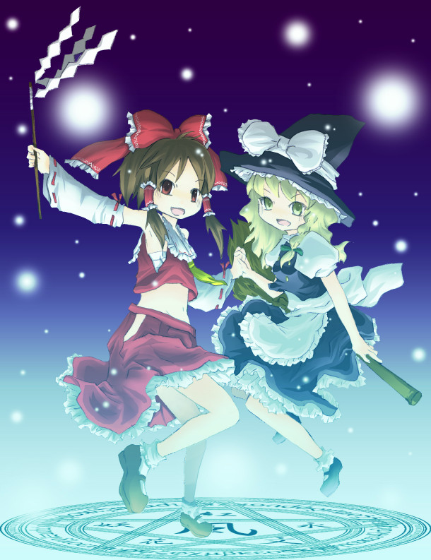 sakurakouji rukia, hakurei reimu, kirisame marisa, touhou, bad id, bad pixiv id, 2girls, armpits, blonde hair, braid, broom, broom riding, brown hair, detached sleeves, female focus, gohei, hat, hat ribbon, holding hands, japanese clothes, magic circle, midriff, miko, multiple girls, navel, oonusa, pentagram, ribbon, sarashi, skirt, witch, witch hat, yellow eyes