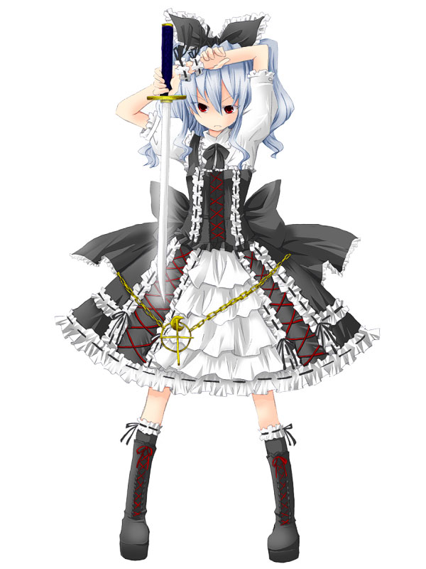 sakurakouji rukia, watatsuki no yorihime, silent sinner in blue, touhou, touhou bougetsushou, 1girl, alternate costume, chain, female focus, full body, gothic lolita, lolita fashion, red eyes, simple background, solo, standing, sword, weapon, white background