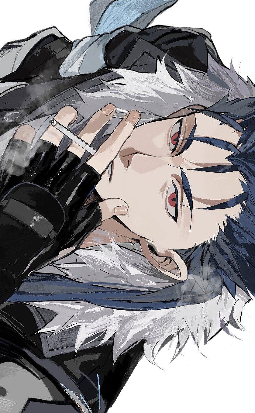 wansan hq, cu chulainn (fate), cu chulainn (honkai: star rail) (fate), cu chulainn (lancer) (fate), fate/stay night, fate (series), honkai: star rail, honkai (series), highres, 1boy, black gloves, blue hair, cigarette, earrings, fingerless gloves, fur-trimmed jacket, fur trim, gloves, jacket, jewelry, long hair, looking at viewer, male focus, ponytail, red eyes, sideways, simple background, smoking, solo, white background