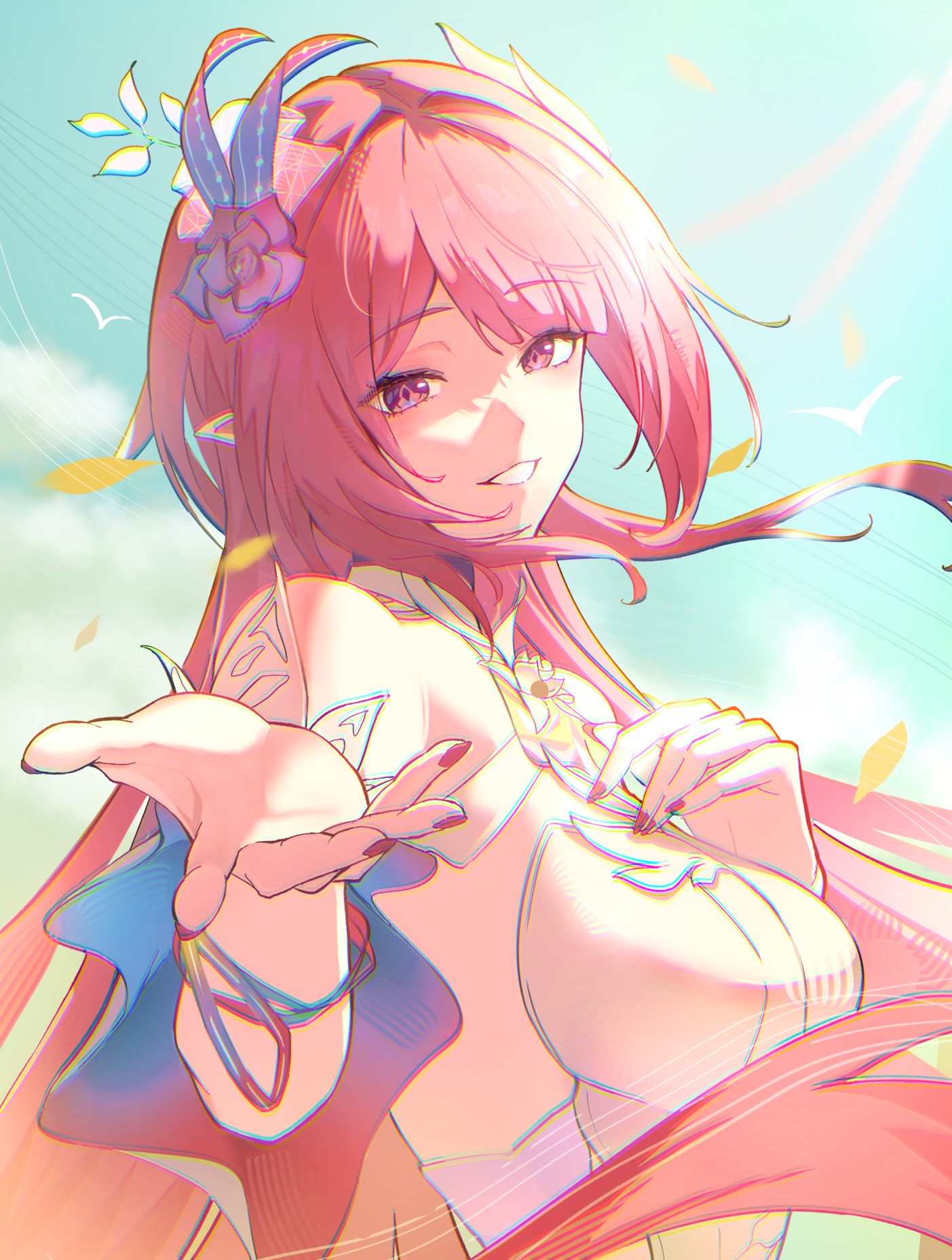 oiro ik, cyrene (honkai: star rail), cyrene (ripples of past reverie) (honkai: star rail), honkai: star rail, honkai (series), commentary, highres, 1girl, bare shoulders, breasts, chromatic aberration, cloud, day, diamond-shaped pupils, diamond (shape), fingernails, flower, from side, green sky, hair flower, hair ornament, hands up, heavy chromatic aberration, long hair, looking to the side, medium breasts, nail polish, offering hand, outdoors, pink hair, pink nails, pointy ears, purple eyes, purple flower, purple rose, rose, sidelocks, sky, solo, symbol-shaped pupils, upper body