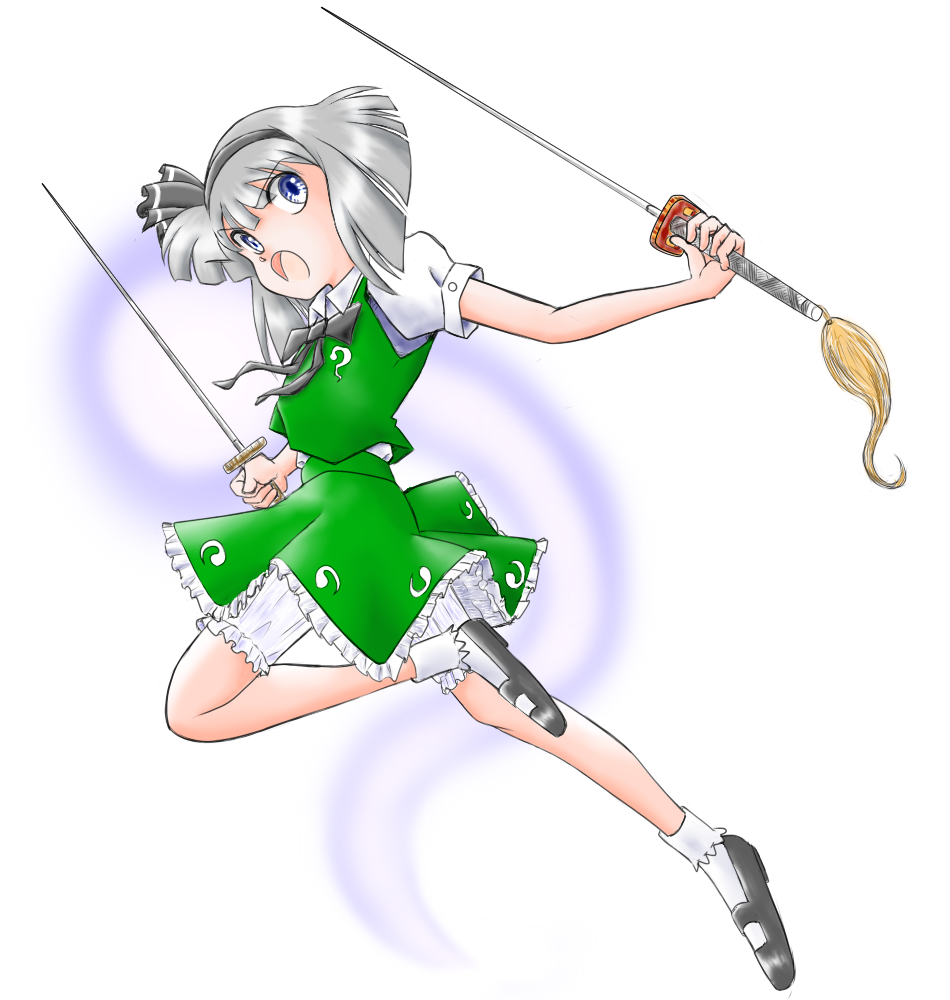 naonosuke, konpaku youmu, konpaku youmu (ghost), touhou, silver hair, 1girl, bloomers, blue eyes, dual wielding, female focus, hairband, hitodama, holding, katana, short hair, solo, sword, tanto, underwear, weapon, white bloomers