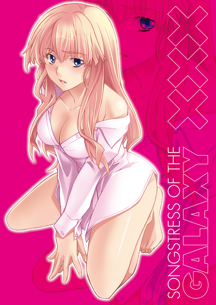 hozumi takashi, sheryl nome, macross, macross frontier, highres, 00s, 1girl, barefoot, blonde hair, blouse, blue eyes, breasts, cleavage, female focus, long hair, off shoulder, p-forest, parted lips, pink background, pink hair, shirt, solo, v arms, zoom layer