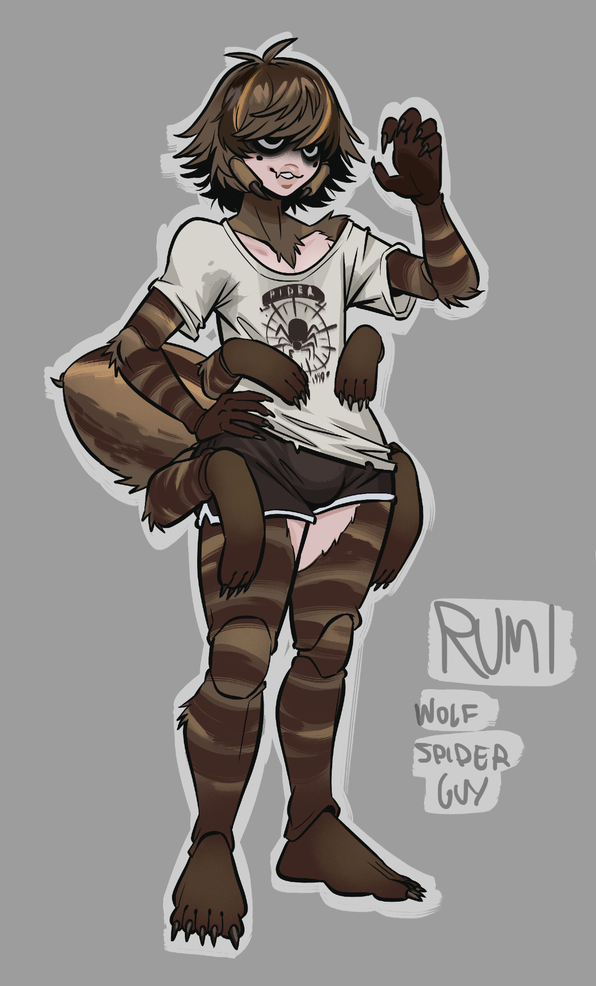 angusburgers, original, highres, androgynous, arthropod boy, arthropod limbs, brown fur, brown hair, character name, claws, fang, full body, grey background, mandibles, rumi (angusburgers), shirt, short hair, short shorts, shorts, skin fang, solo, spider boy, t-shirt, white shirt
