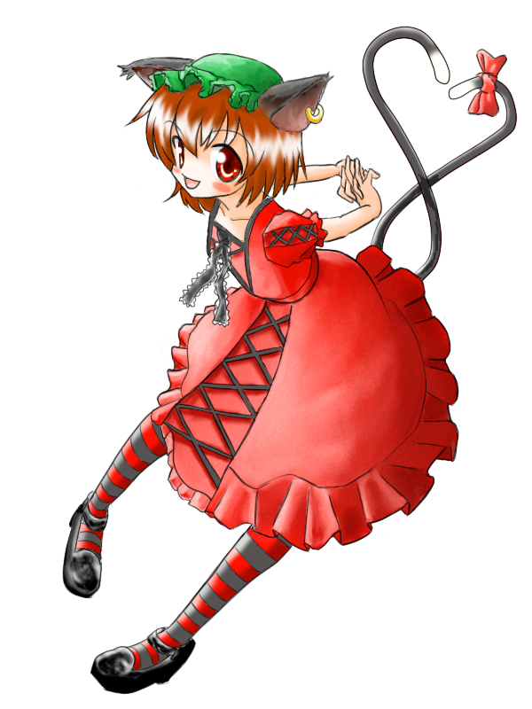 naonosuke, chen, touhou, 1girl, animal ears, brown hair, cat ears, cat girl, cat tail, earrings, female focus, full body, gothic lolita, hat, heart, heart tail, jewelry, lolita fashion, ribbon, simple background, solo, striped clothes, striped thighhighs, tail, thighhighs