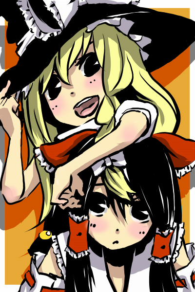 robo8, robo8 (pixiv), hakurei reimu, kirisame marisa, touhou, 2girls, black hair, blonde hair, braid, detached sleeves, female focus, hat, japanese clothes, miko, multiple girls, ribbon, upper body, witch, witch hat