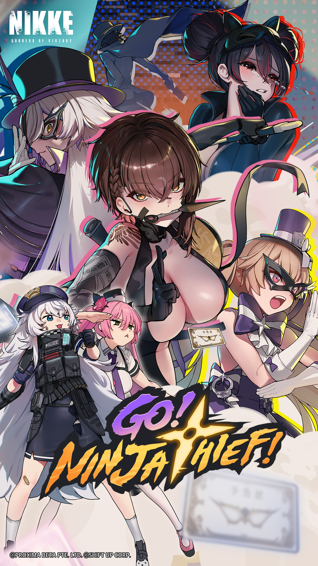 commander (nikke), delta (nikke), delta (ninja thief) (nikke), phantom (nikke), poli (nikke), quency (escape queen) (nikke), quency (nikke), quiry (nikke), goddess of victory: nikke, commentary, english commentary, highres, official art, 6+girls, black capelet, black gloves, black hat, blue eyes, blue hat, blue skirt, braid, breasts, brown eyes, brown hair, cape, capelet, card, cleavage, crying, crying with eyes open, double bun, elbow gloves, eye mask, frown, gloves, green eyes, grey hair, hair bun, hat, holding, holding kunai, holding weapon, knife in mouth, kunai, large breasts, long hair, looking afar, mask, multiple girls, ninja, open mouth, pink eyes, pink hair, police, police uniform, policewoman, purple eyes, short hair, skirt, socks, tears, teeth, upper teeth only, weapon, white cape, white gloves, white hair, white socks