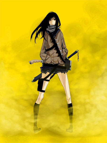robo8, robo8 (pixiv), original, bandolier, belt, black hair, hand in pocket, kneehighs, knife, long hair, socks, solo, standing, sword, weapon