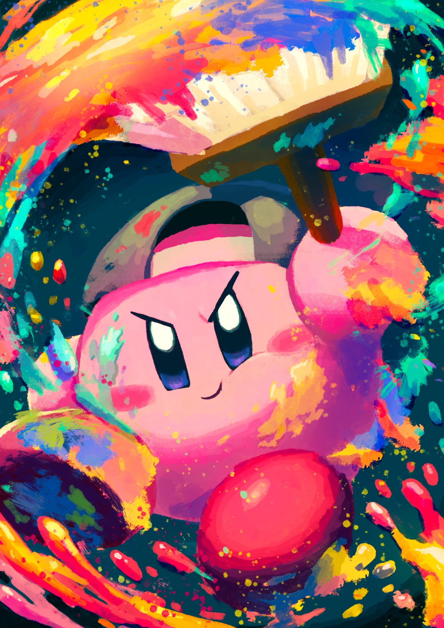aruco co, kirby, kirby (series), nintendo, commentary, highres, black hat, blue background, blue eyes, blush stickers, closed mouth, colorful, hat, holding, holding paintbrush, no humans, paint, paintbrush, smile, solo, v-shaped eyebrows