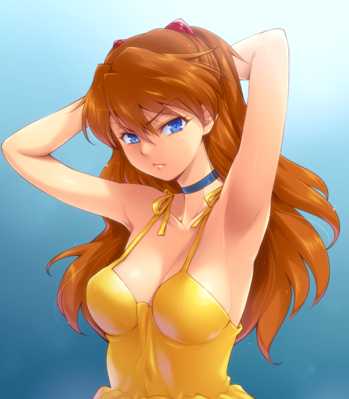 hairu, souryuu asuka langley, neon genesis evangelion, 1girl, alternate breast size (larger), angry, armpits, arms behind head, arms up, bare shoulders, blue background, blue eyes, breasts, brown hair, choker, cleavage, collarbone, dress, female focus, frown, gradient background, hair between eyes, hair ornament, large breasts, lips, long hair, looking at viewer, no bra, orange hair, simple background, solo, spaghetti strap, upper body, yellow dress