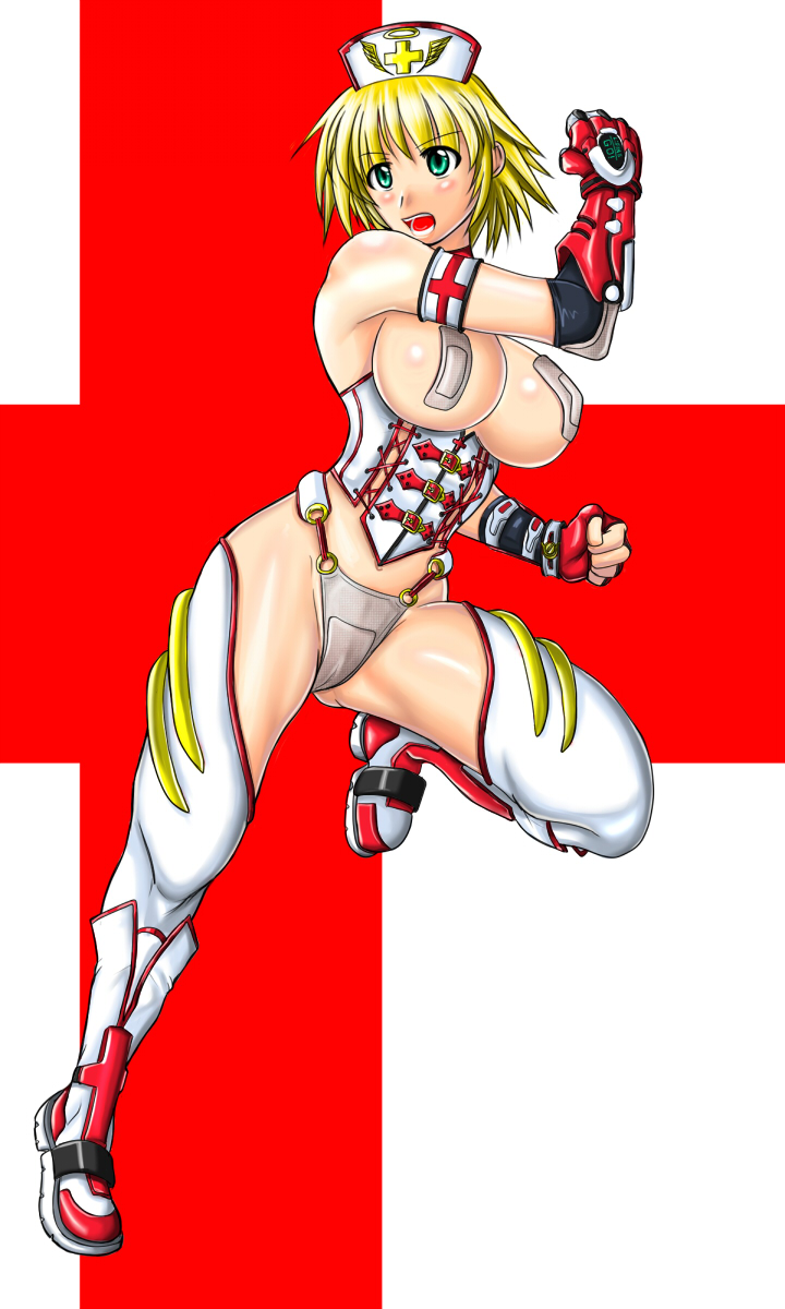iwamoto eiri, judge martin, golden lore, highres, 1girl, blonde hair, blush, boots, breasts, cameltoe, corset, covered erect nipples, female focus, gauntlets, gloves, green eyes, huge breasts, nurse, panties, pasties, short hair, solo, thighhighs, underwear