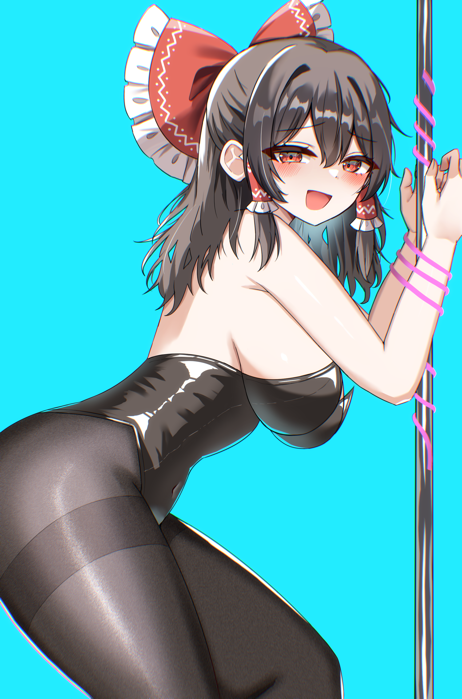 kiui (dagk8254), hakurei reimu, touhou, absurdres, highres, 1girl, bdsm, black hair, black leotard, black pantyhose, blue background, bondage, bound, bow, breasts, hair bow, hair tubes, large breasts, leotard, long hair, open mouth, pantyhose, pole, red bow, red eyes, restrained, simple background, smile, solo, strapless, strapless leotard, stripper pole