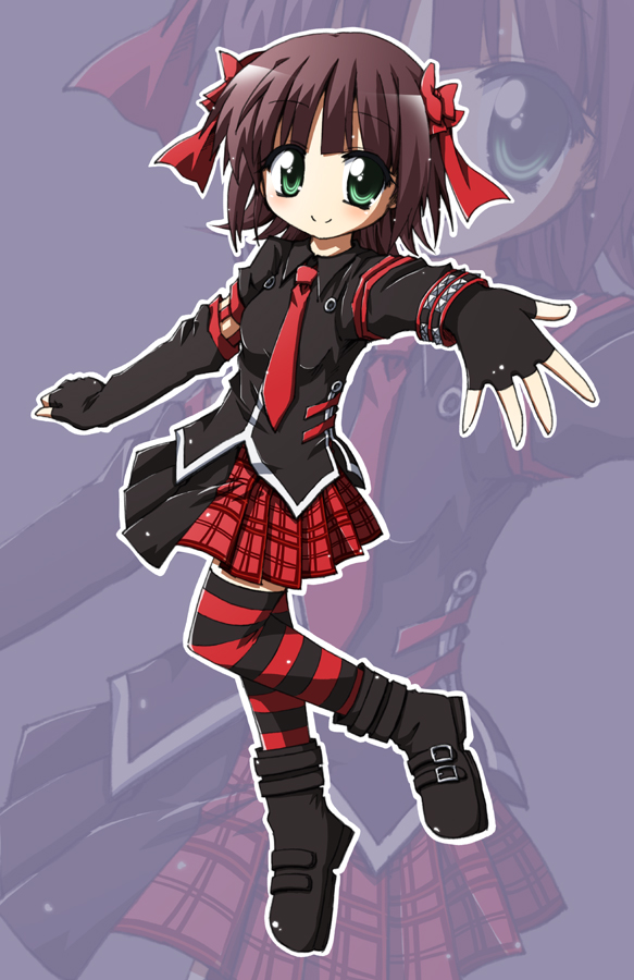 amami haruka, dark haruka, idolmaster, idolmaster (classic), bad id, bad pixiv id, 00s, 1girl, boots, brown hair, female focus, fingerless gloves, full body, gloves, green eyes, plaid clothes, plaid skirt, punkish gothic, ribbon, short hair, skirt, solo, striped clothes, striped thighhighs, thighhighs, zoom layer