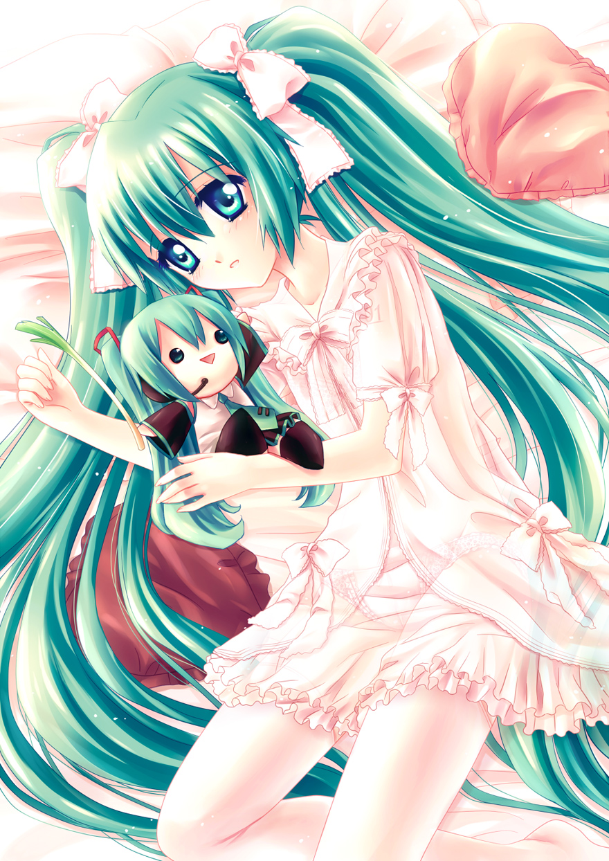 lilith (lilithchan), hatsune miku, vocaloid, bad id, bad pixiv id, highres, blue eyes, bow, chibi, green hair, hair bow, hair ribbon, long hair, lying, panties, ribbon, see-through clothes, solo, spring onion, twintails, underwear, very long hair