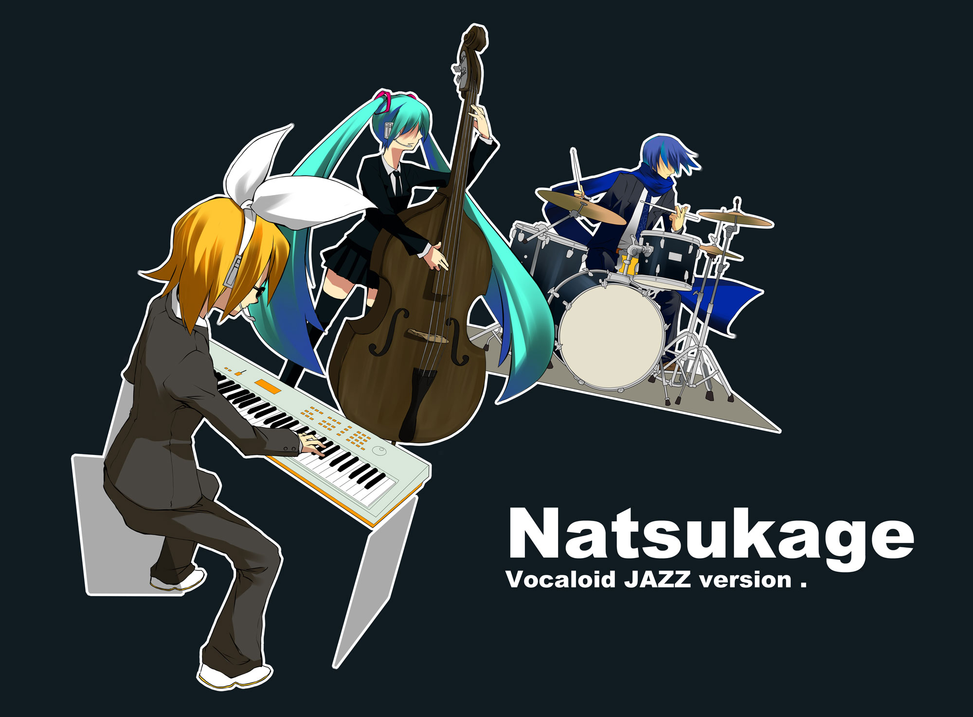 gyari (imagesdawn), hatsune miku, kagamine rin, kaito (vocaloid), vocaloid, highres, bass guitar, double bass, drum, drum set, instrument, keyboard, keyboard (instrument), no eyes, sunglasses, synthesizer, twintails