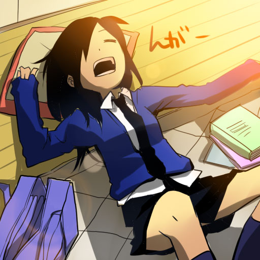 gyari (imagesdawn), original, bad id, bad pixiv id, tagme, black hair, book, closed eyes, hair over one eye, kneehighs, sleeping, socks, solo