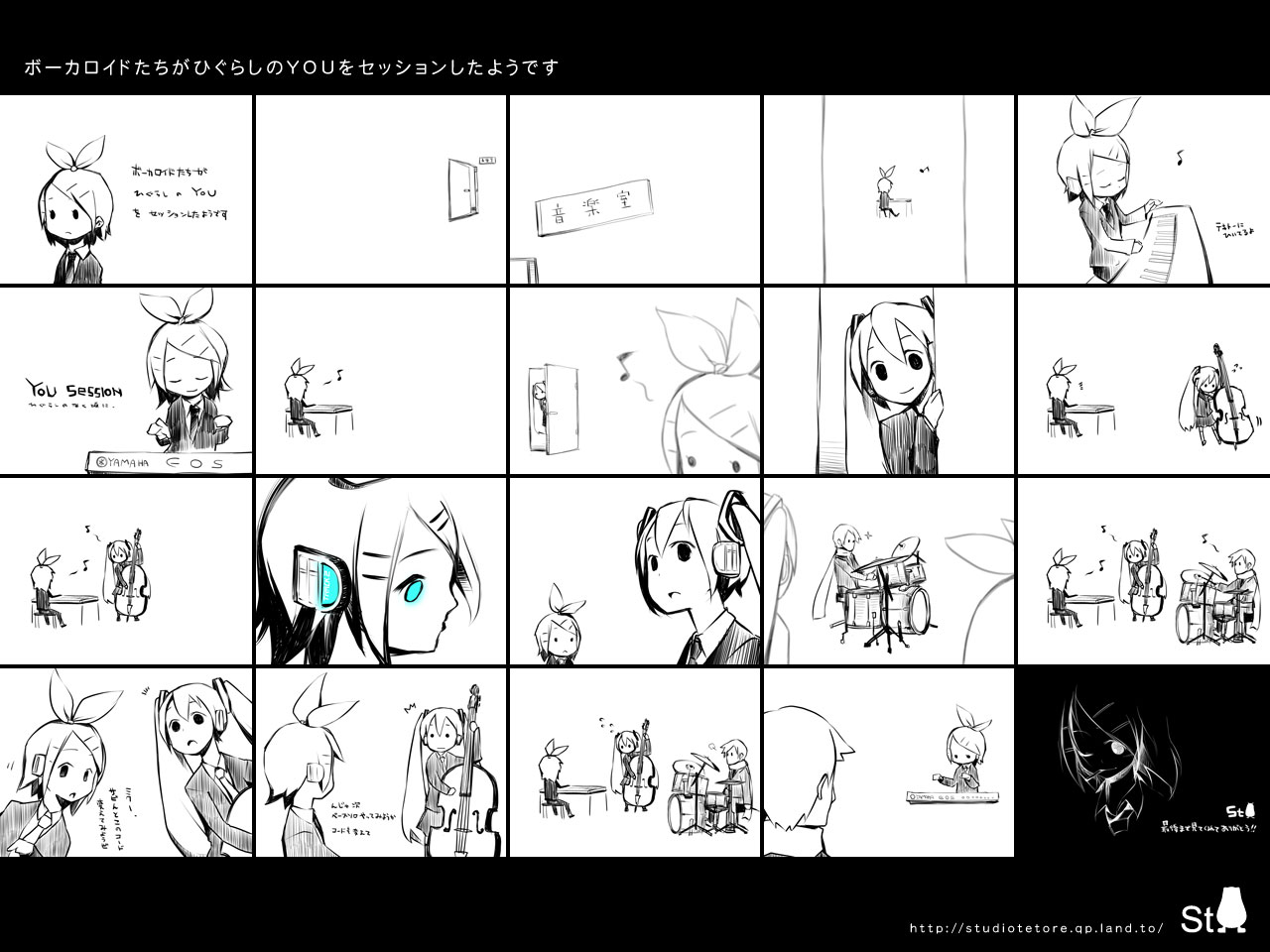 gyari (imagesdawn), hatsune miku, kagamine rin, kaito (vocaloid), vocaloid, translation request, 1boy, 2girls, aqua eyes, bass guitar, chibi, comic, double bass, greyscale, instrument, keyboard, keyboard (instrument), monochrome, multiple girls, spot color
