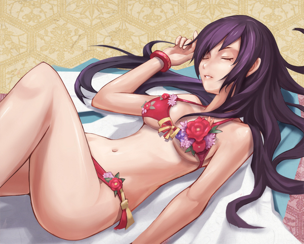 kawa akira, original, resized, 1girl, bikini, bracelet, breasts, closed eyes, jewelry, long hair, lying, navel, on back, parted lips, pixiv thumbnail, purple hair, red bikini, sleeping, solo, sunbathing, swimsuit, underboob