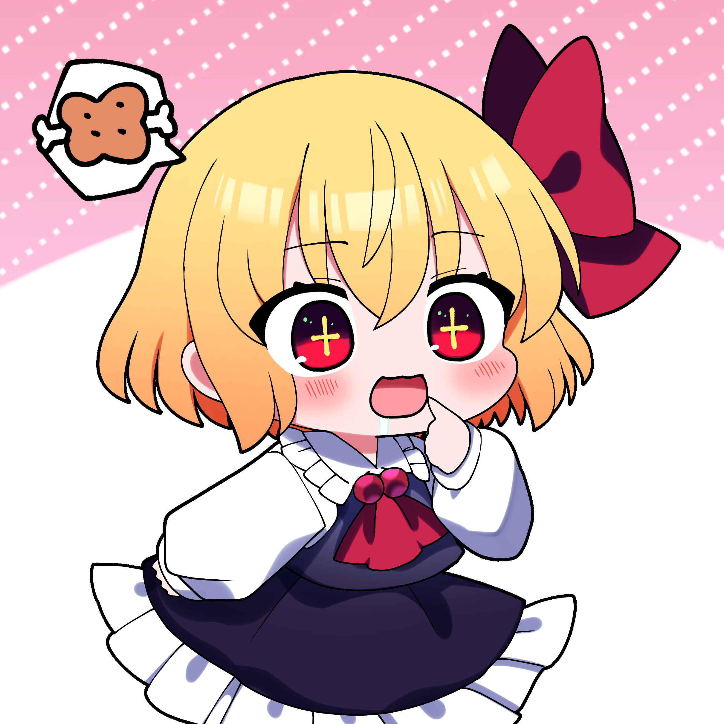 you (noanoamoemoe), rumia, touhou, absurdres, commentary request, highres, 1girl, ascot, black skirt, black vest, blonde hair, blush, boned meat, chibi, chibi only, cross-shaped pupils, drooling, finger to mouth, food, hair ribbon, long sleeves, looking ahead, meat, petticoat, red ascot, red eyes, red ribbon, ribbon, saliva, shirt, short hair, skirt, skirt set, smile, solo, spoken food, symbol-shaped pupils, vest, white shirt