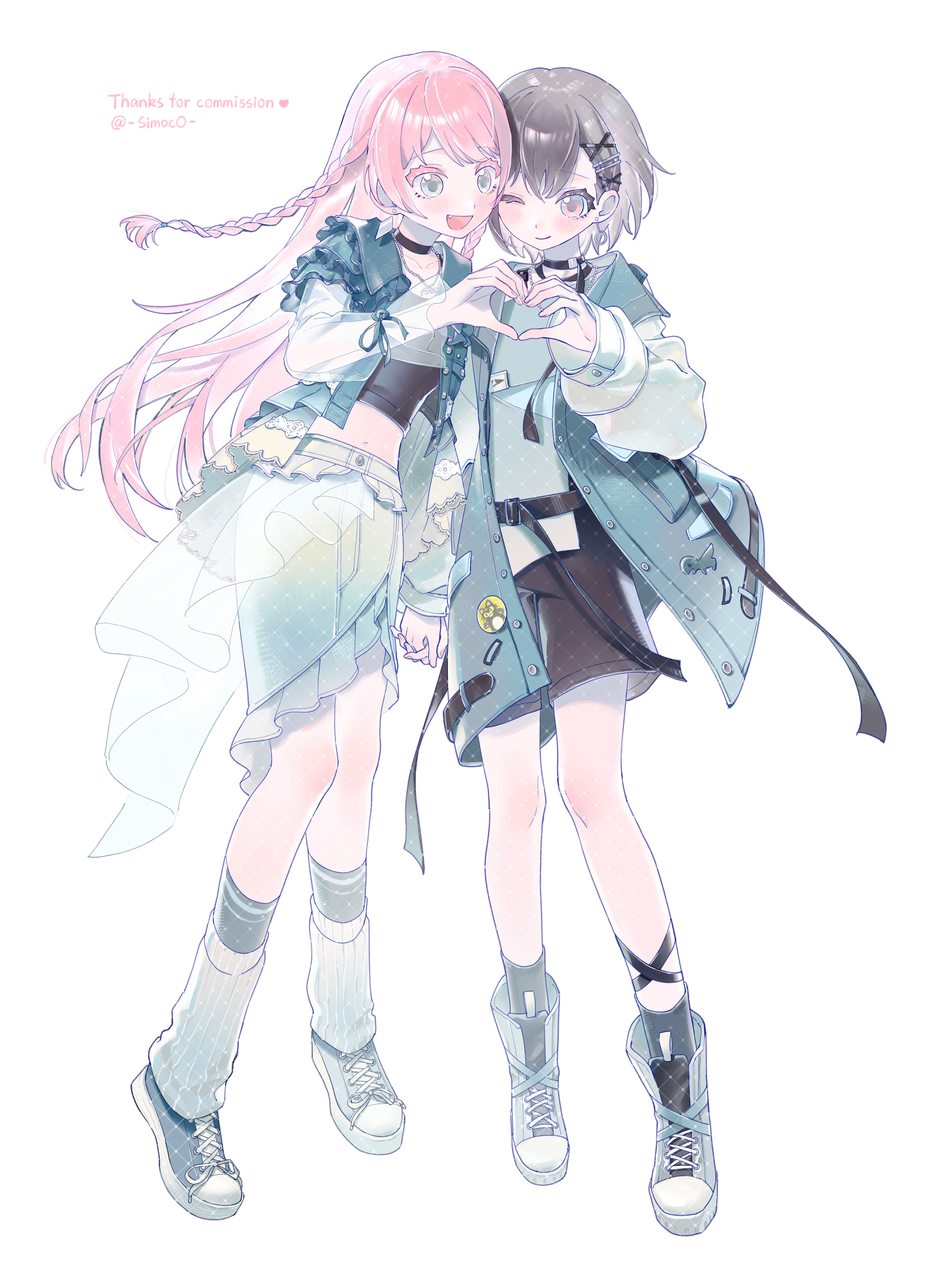 simoco, chihaya anon, takamatsu tomori, bang dream!, bang dream! it's mygo!!!!!, absurdres, chinese commentary, commentary request, commission, highres, 2girls, belt, black belt, black choker, black shirt, black shorts, black socks, blue jacket, braid, brown hair, choker, crop top, fang, floating hair, grey eyes, grey hair, heart, heart hands, heart hands duo, holding hands, interlocked fingers, jacket, leg warmers, long hair, midriff, multiple girls, navel, one eye closed, open mouth, pink hair, shirt, shoes, short hair, shorts, side braid, simple background, skirt, socks, white background, white leg warmers, white shoes, white skirt, yuri
