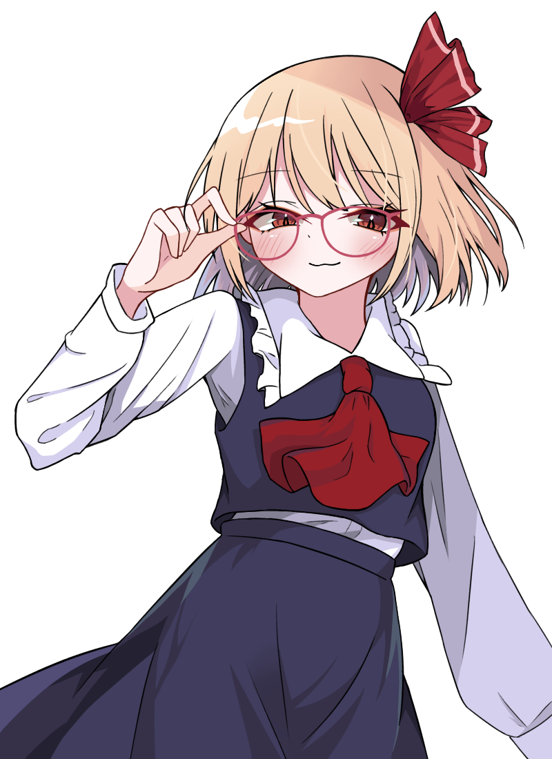 rouka (pixiv 38584860), rumia, touhou, commentary, 1girl, :3, adjusting eyewear, ascot, bespectacled, black skirt, black vest, blonde hair, blush, frilled sailor collar, frills, glasses, hand on eyewear, light smile, long sleeves, looking at viewer, red ascot, red eyes, round eyewear, sailor collar, shirt, shirt tucked in, short hair, simple background, skirt, skirt set, solo, transparent background, vest, white shirt