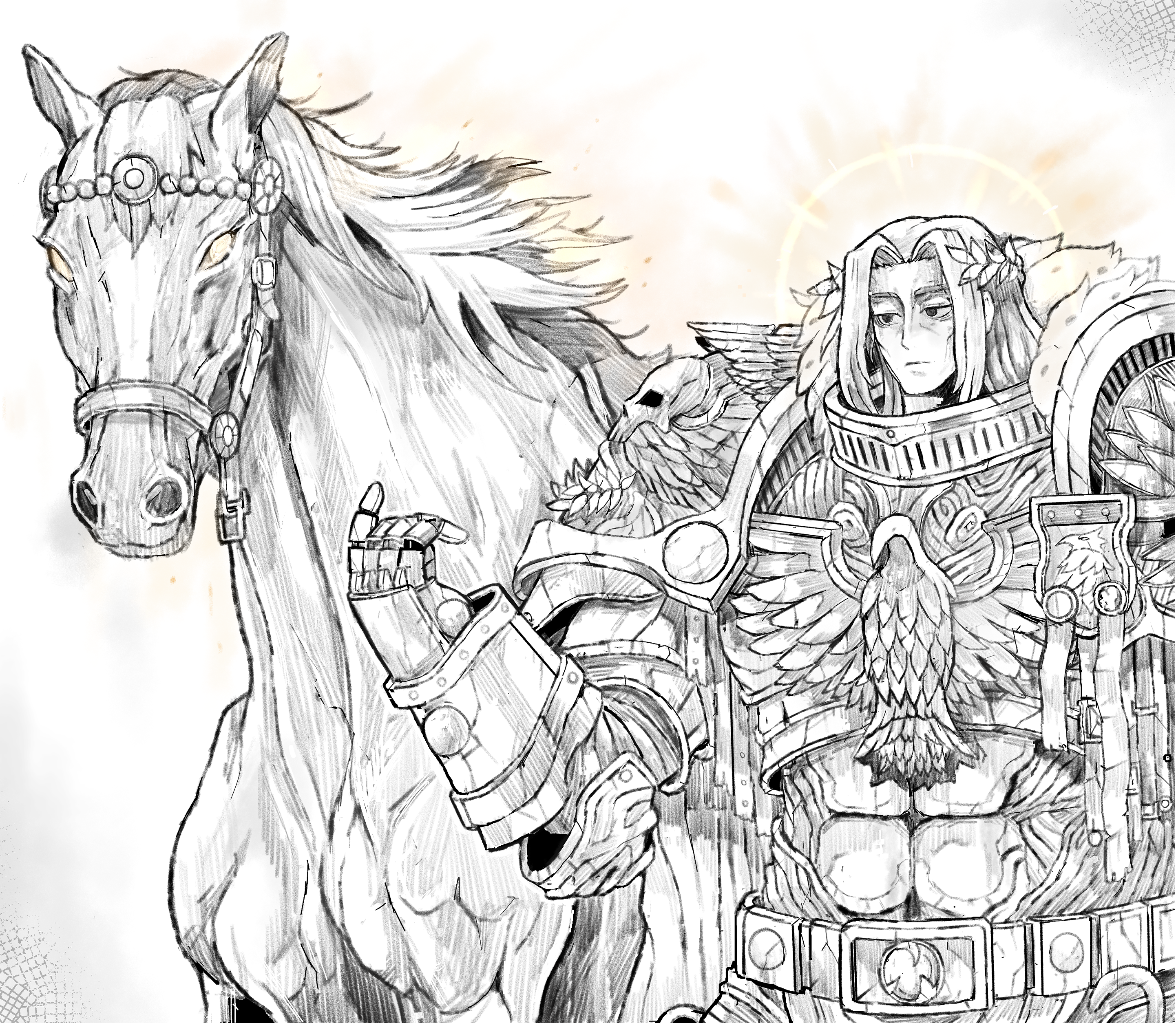 octosoup, emperor of mankind, real life, warhammer 40k, absurdres, commentary, english commentary, highres, 1boy, aquila (symbol), armor, bucephalus (warhorse), gauntlets, greyscale, hair intakes, halo, horse, monochrome, pauldrons, plate armor, purity seal, shoulder armor, skull ornament, solo, spot color