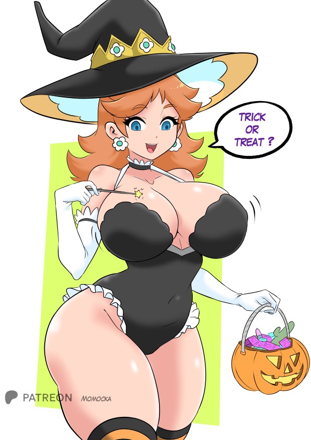 momocka-art, princess daisy, mario (series), nintendo, 1girl, black leotard, black thighhighs, blue eyes, bouncing breasts, breasts, brown hair, bucket, cleavage, collarbone, condom, condom packet strip, condom wrapper, dildo, earrings, flower earrings, gloves, halloween, halloween bucket, halloween costume, hat, holding, holding bucket, holding wand, jewelry, large breasts, leotard, long hair, looking at viewer, open mouth, sex toy, smile, speech bubble, standing, star (symbol), striped clothes, striped thighhighs, teeth, thick thighs, thighhighs, thighs, trick or treat, wand, white background, white gloves, wide hips, witch, witch hat