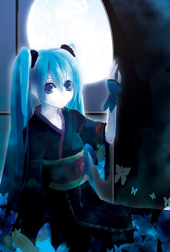 ask02, ask (artist), hatsune miku, vocaloid, bad id, bad piapro id, blue eyes, blue hair, bug, butterfly, insect, japanese clothes, moon, solo, twintails, window