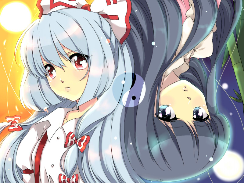 chigo, fujiwara no mokou, houraisan kaguya, touhou, silver hair, 2girls, bamboo, black hair, blue eyes, bow, bowtie, female focus, hair bow, long hair, moon, multiple girls, multiple hair bows, red eyes, sun, yin yang