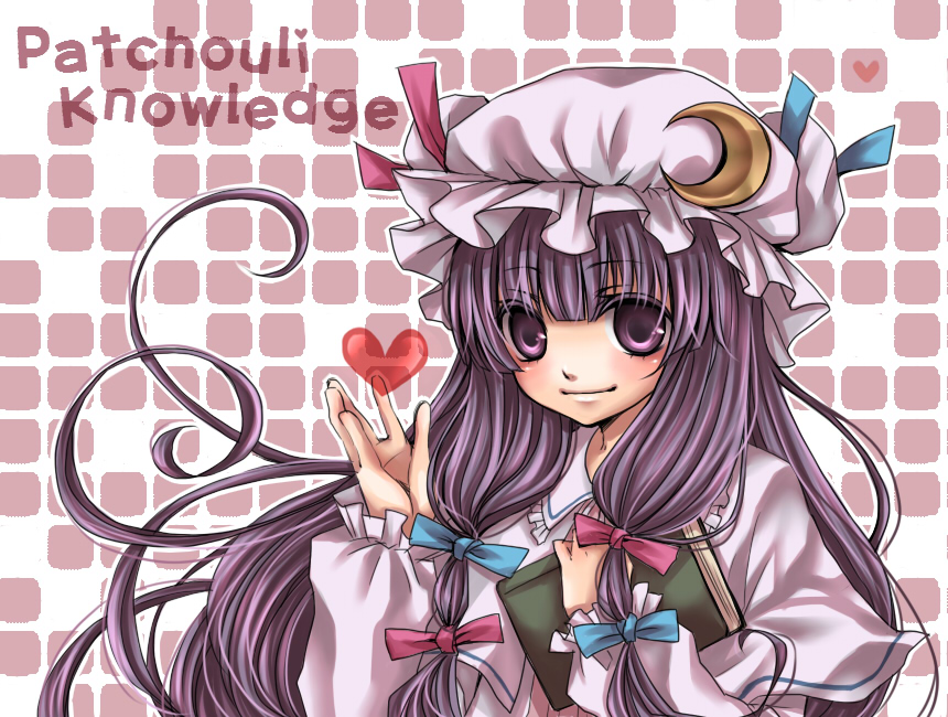 shiratama (mofutto), patchouli knowledge, touhou, 1girl, blush, book, crescent, crescent hat ornament, female focus, hat, hat ornament, holding, holding book, long hair, long sleeves, looking at viewer, mob cap, purple eyes, purple hair, smile, solo, upper body