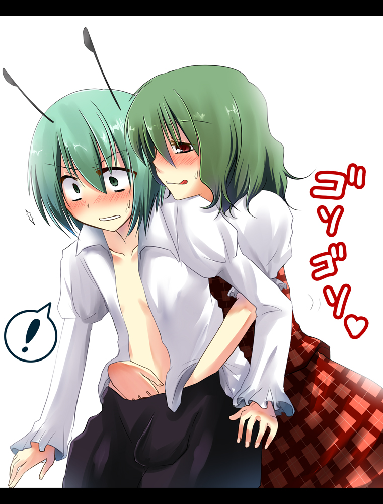 kajiyama, kazami yuuka, wriggle nightbug, touhou, bad id, bad pixiv id, !, 2girls, :q, androgynous, antennae, blush, female focus, female pervert, flat chest, green hair, letterboxed, licking lips, multiple girls, open clothes, open shirt, pervert, plaid clothes, plaid skirt, plaid vest, reverse trap, shirt, short hair, skirt, skirt set, tongue, tongue out, vest, you gonna get raped, yuri