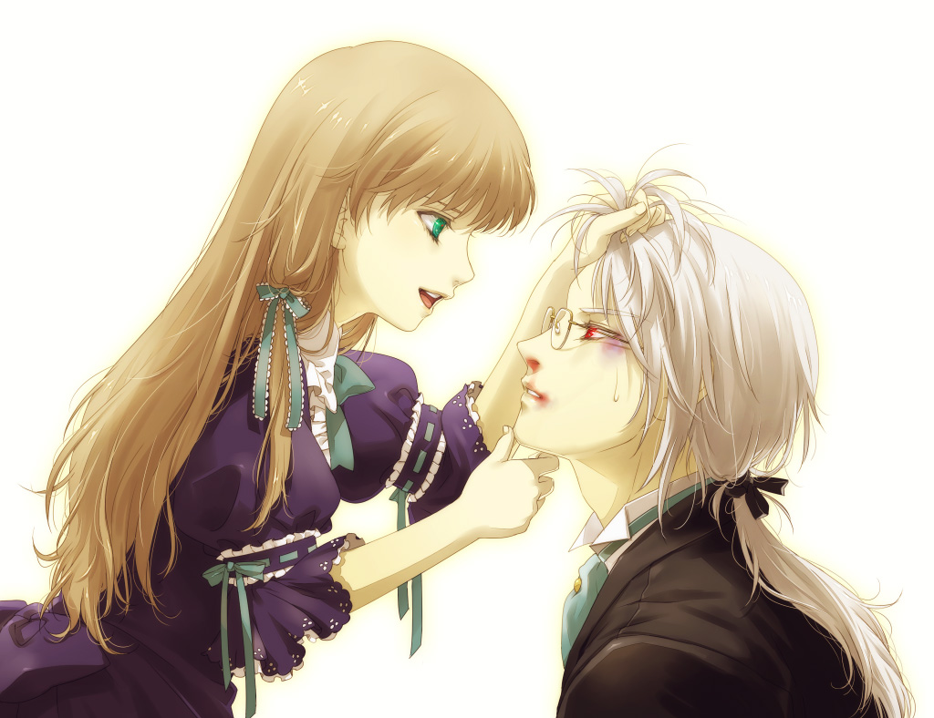 tetsukuzu tetsuko, original, 1boy, 1girl, aqua eyes, blood, brown hair, bruise, dress, glasses, grabbing another's hair, green eyes, hair ribbon, holding another's hair, injury, nosebleed, ponytail, red eyes, ribbon, white hair