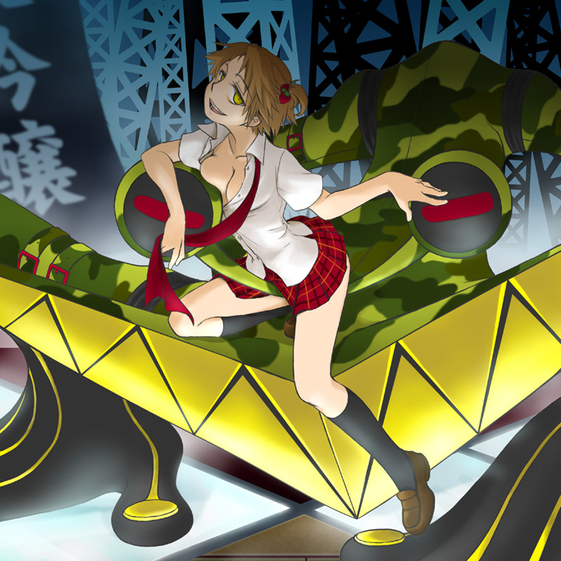 yan ton, yanton, hanamura yousuke, jiraiya (persona 4), shadow (persona), shadow yousuke, atlus, persona, persona 4, 1girl, breast press, breasts, brown shoes, cleavage, dark persona, female focus, food, fruit, genderswap, genderswap (mtf), large breasts, open clothes, open shirt, school uniform, shirt, shoes, side ponytail, skirt, solo, strawberry, unbuttoned, yellow eyes