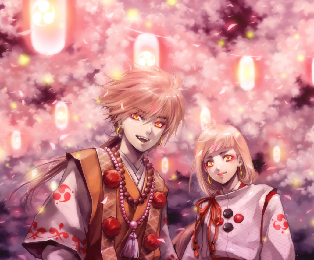 tetsukuzu tetsuko, original, beads, blonde hair, cherry blossoms, earrings, fangs, japanese clothes, jewelry, pale skin, yellow eyes