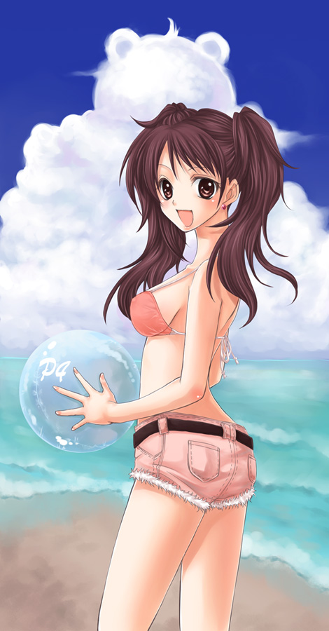 nekomura maccha, kujikawa rise, atlus, persona, persona 4, bad id, bad pixiv id, 1girl, ball, beach, belt, bikini, bikini top only, blush, breasts, brown hair, day, earrings, female focus, jewelry, long hair, medium breasts, open mouth, short shorts, shorts, sideboob, smile, solo, swimsuit, twintails
