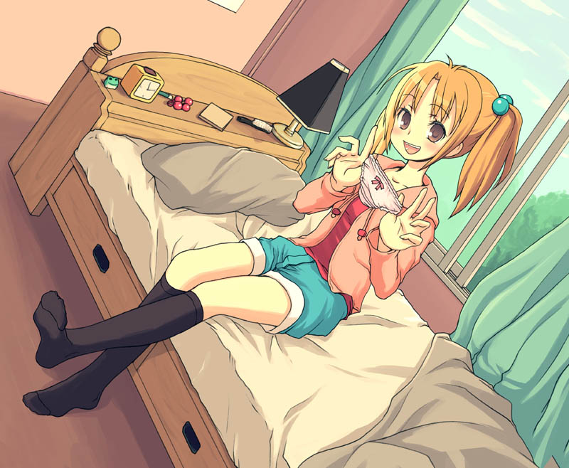 kimarin, original, bed, casual, feet, hair bobbles, hair ornament, holding, holding panties, holding underwear, holding unworn clothes, hood, hoodie, kneehighs, open mouth, orange hair, panties, shorts, sitting, socks, solo, twintails, underwear, window