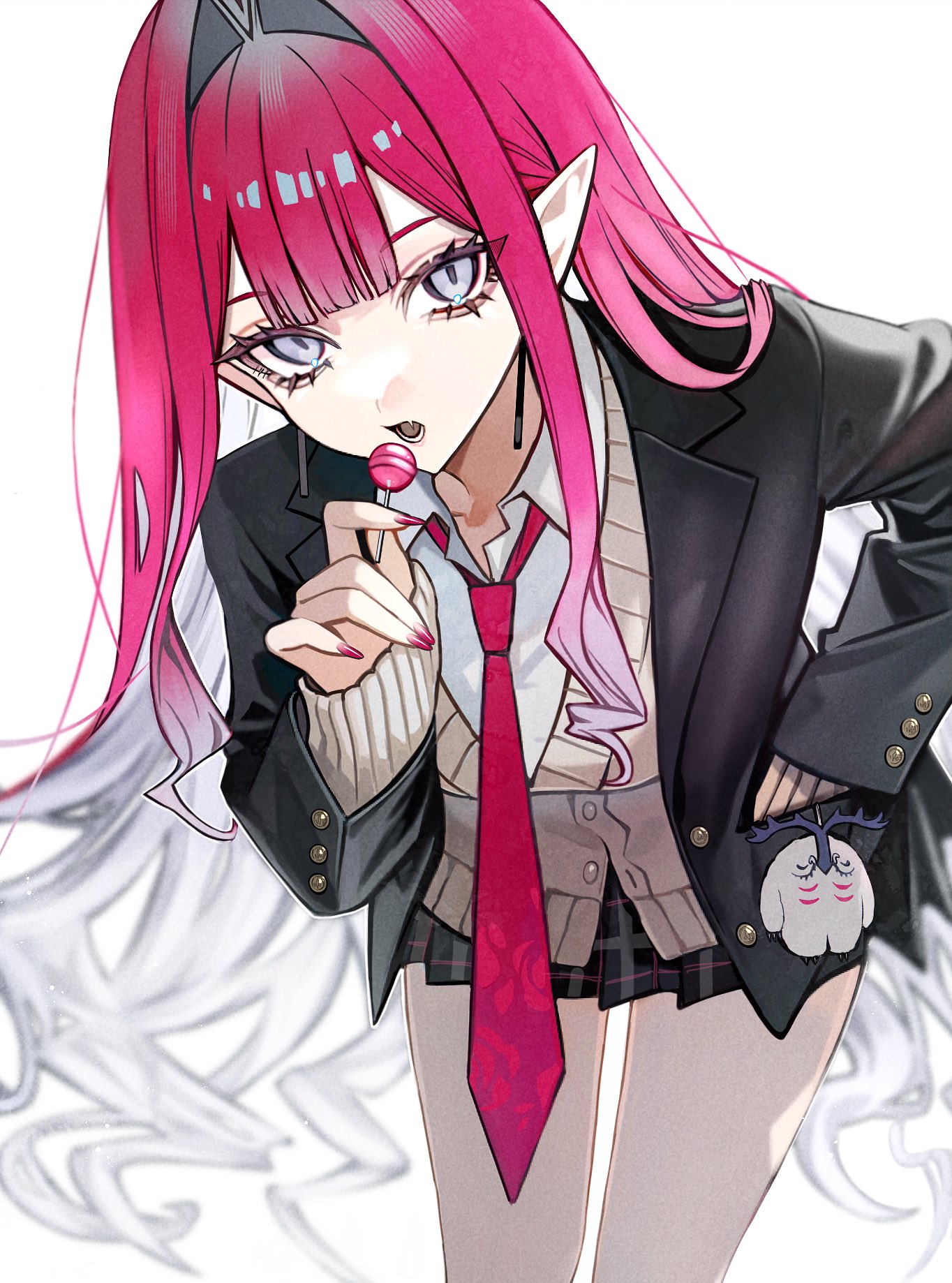 diandao qin, baobhan sith (fate), fate/grand order, fate (series), highres, 1girl, black jacket, black skirt, breasts, brown sweater, candy, collared shirt, earrings, food, grey eyes, jacket, jewelry, leaning forward, lollipop, long hair, long sleeves, looking at viewer, medium breasts, necktie, open mouth, pink hair, pointy ears, shirt, sidelocks, skirt, solo, sweater, thighs, white shirt