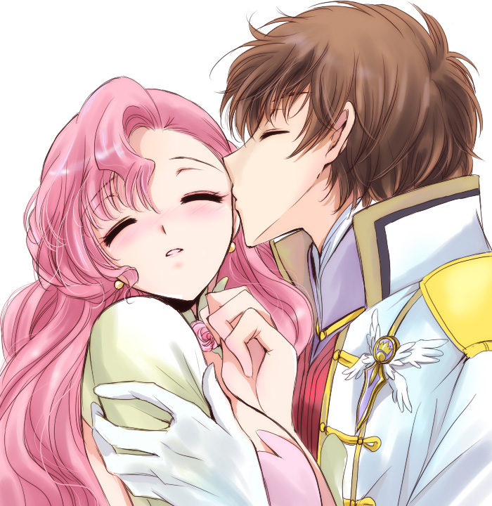 akina tsukako, euphemia li britannia, kururugi suzaku, code geass, 00s, 1boy, 1girl, blush, brown hair, closed eyes, couple, gloves, hetero, holding, kiss, long hair, pink hair, short hair