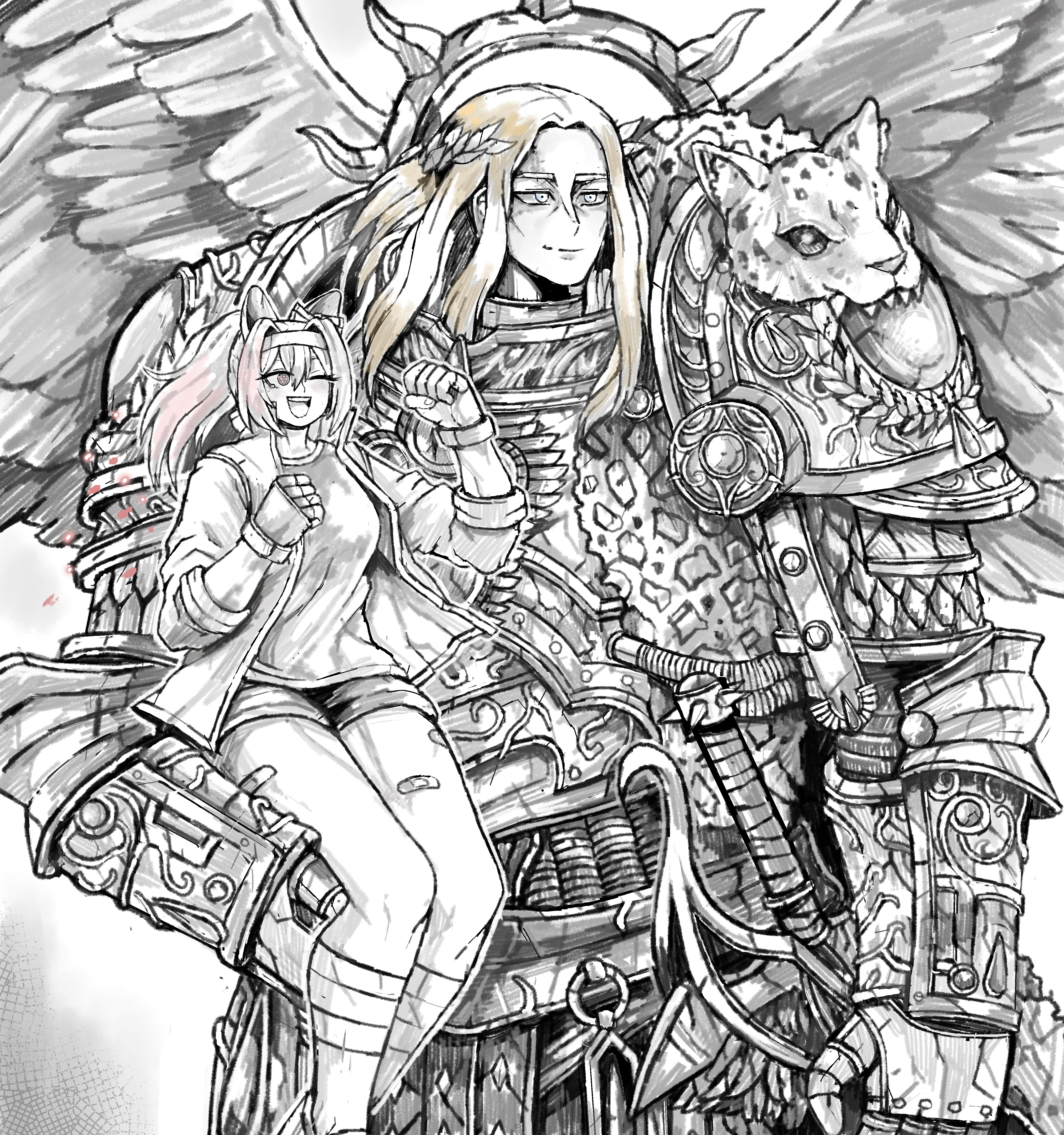 octosoup, haru urara (umamusume), sanguinius, original, umamusume, warhammer 40k, absurdres, commentary, english commentary, highres, 1boy, 1girl, armor, bandaid on thigh, crossover, ear covers, fingerless gloves, flower, flower in eye, gloves, greyscale, gym shirt, gym uniform, hair flower, hair intakes, hair ornament, headband, iron halo, jacket, laurels, leopard pelt, monochrome, open clothes, open jacket, pauldrons, pelt, plate armor, shirt, shorts, shoulder armor, socks, spot color, sword, symbol in eye, tearing up, weapon, wings