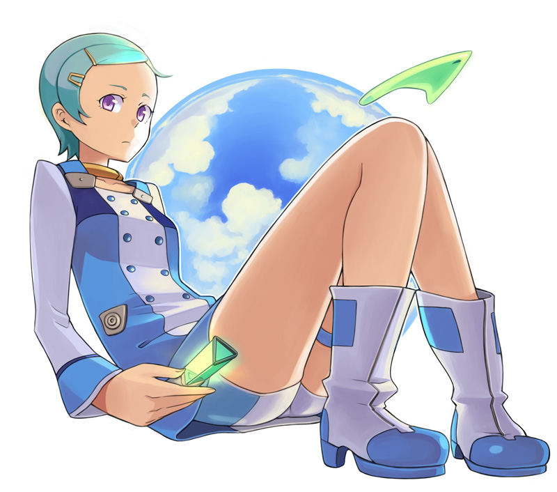 bowieknife, eureka (eureka seven), eureka seven, eureka seven (series), platform footwear, 00s, 1girl, aqua hair, blue hair, boots, boyshort panties, choker, female focus, flat chest, hair ornament, hairclip, high heel boots, high heels, platform boots, platform heels, purple eyes, short hair, sitting, solo, white boots