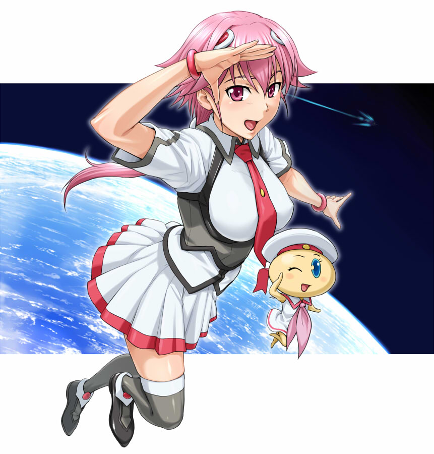 nigou, shishidou akiha, sora wo kakeru shoujo, 00s, 1girl, creature, earth (planet), female focus, long hair, necktie, pink eyes, pink hair, planet, ponytail, skirt, solo, space, thighhighs, waving