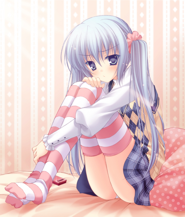 takano yuki (allegro mistic), bad id, bad pixiv id, 1girl, argyle clothes, argyle sweater, bed, cellphone, feet, female focus, frown, hugging own legs, panties, pantyshot, phone, pillow, plaid clothes, plaid skirt, polka dot, sitting, skirt, solo, striped clothes, striped thighhighs, sweater, thighhighs, twintails, underwear