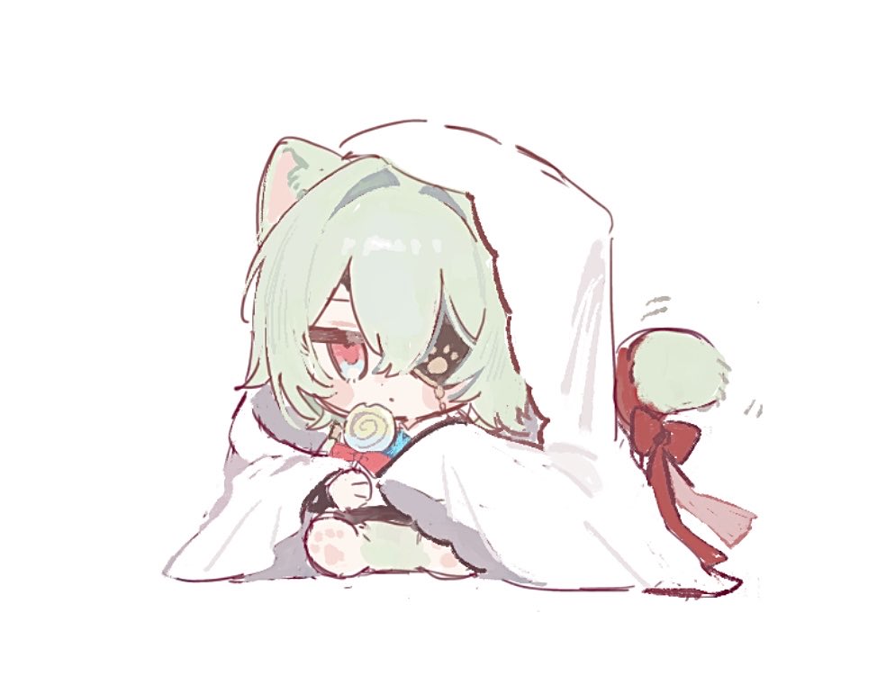 anaxa (honkai: star rail), honkai: star rail, honkai (series), 1boy, alternate costume, animal ears, aqua hair, blue eyes, blush stickers, candy, cat boy, cat ears, cat tail, chibi, chibi only, closed mouth, eyepatch, food, full body, hair between eyes, holding, holding candy, holding food, holding lollipop, lollipop, male focus, paw print, pink eyes, red ribbon, rh1 bdt, ribbon, simple background, sitting, solo, tail, tail ornament, tail ribbon, white background