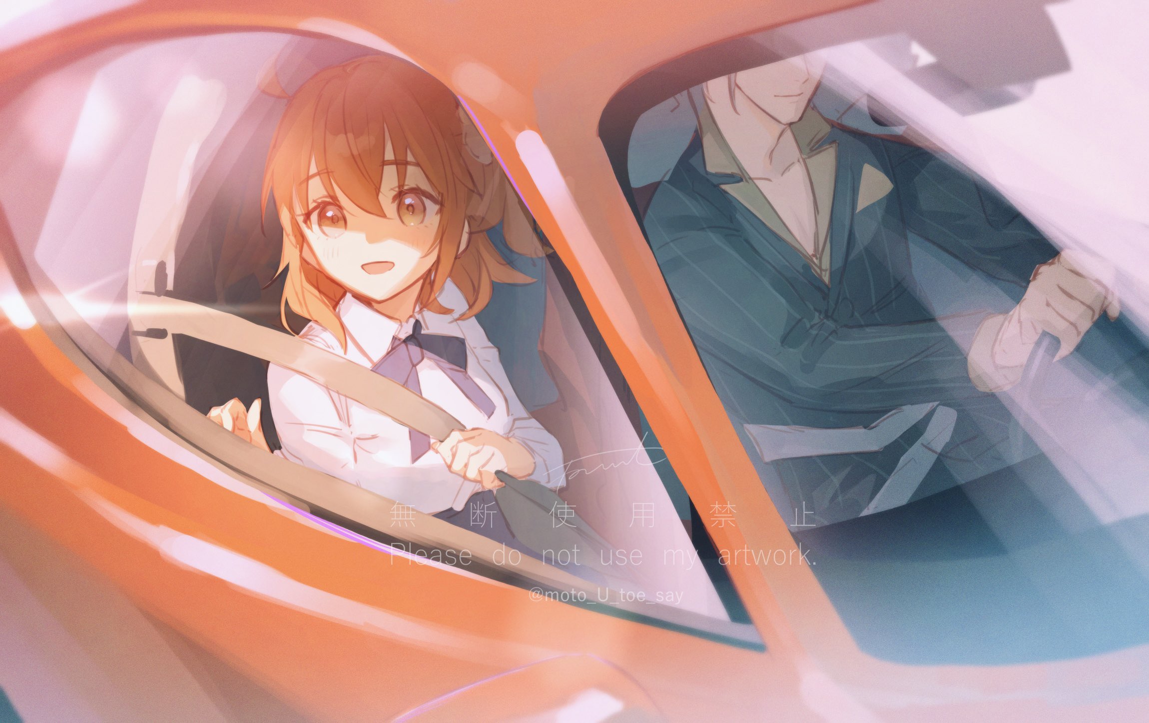 fomnant, artoria pendragon (fate), fujimaru ritsuka (female), fujimaru ritsuka (female) (anniversary blonde), saber (fate), takeda shingen (fate), fate/grand order, fate (series), highres, 1boy, 1girl, ahoge, car, cosplay, driving, formal clothes, long sleeves, medium hair, motor vehicle, one side up, orange eyes, orange hair, pinstripe jacket, pinstripe pattern, pinstripe suit, saber (fate) (cosplay), scrunchie, shirt, side ponytail, smile, suit, takeda shingen (first ascension) (fate), yellow scrunchie