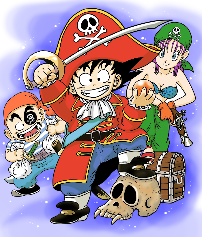 abale, bulma, kuririn, son goku, dragon ball, 1girl, 2boys, aged down, antique firearm, bandana, bicorne, bikini, bikini top only, black hair, can, eyepatch, firelock, flared muzzle, flintlock, gloves, grin, gun, handgun, hat, midriff, multiple boys, pirate, pirate costume, pirate hat, pistol, purple hair, retro artstyle, saber (weapon), sandals, skull, skull and crossbones, smile, swimsuit, sword, treasure chest, weapon