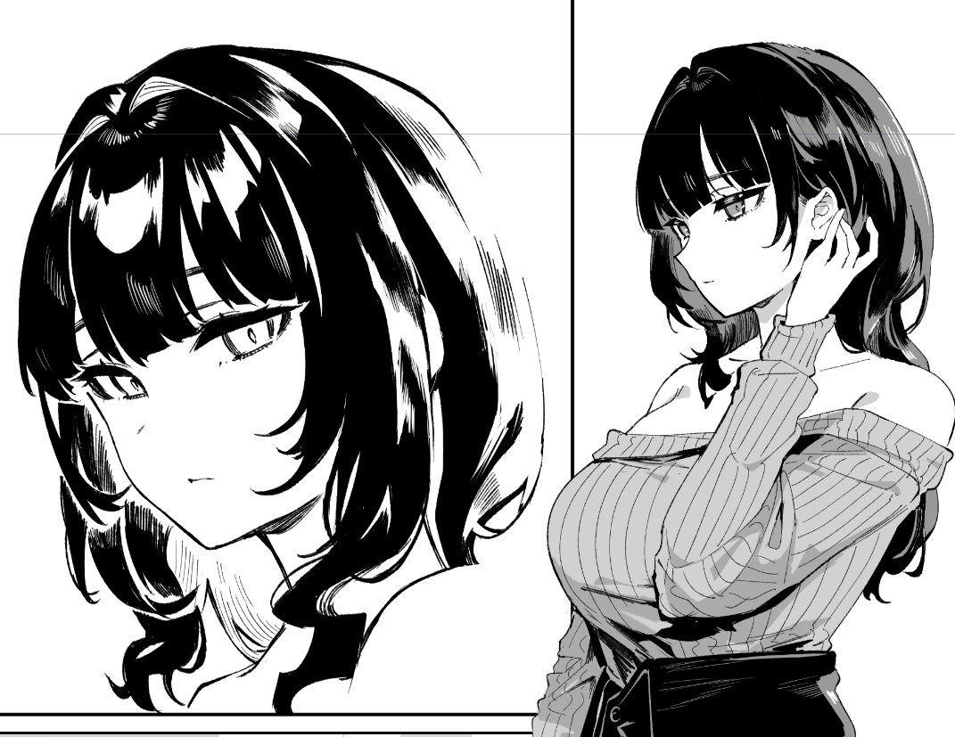 lynus, naoko (lynus), original, 1girl, bare shoulders, blunt bangs, breasts, brown hair, closed mouth, collarbone, eyelashes, from side, greyscale, hand on own ear, high-waist skirt, large breasts, long hair, long sleeves, looking to the side, monochrome, multiple views, narrowed eyes, off-shoulder sweater, off shoulder, sidelocks, skirt, slit pupils, solo, sweater